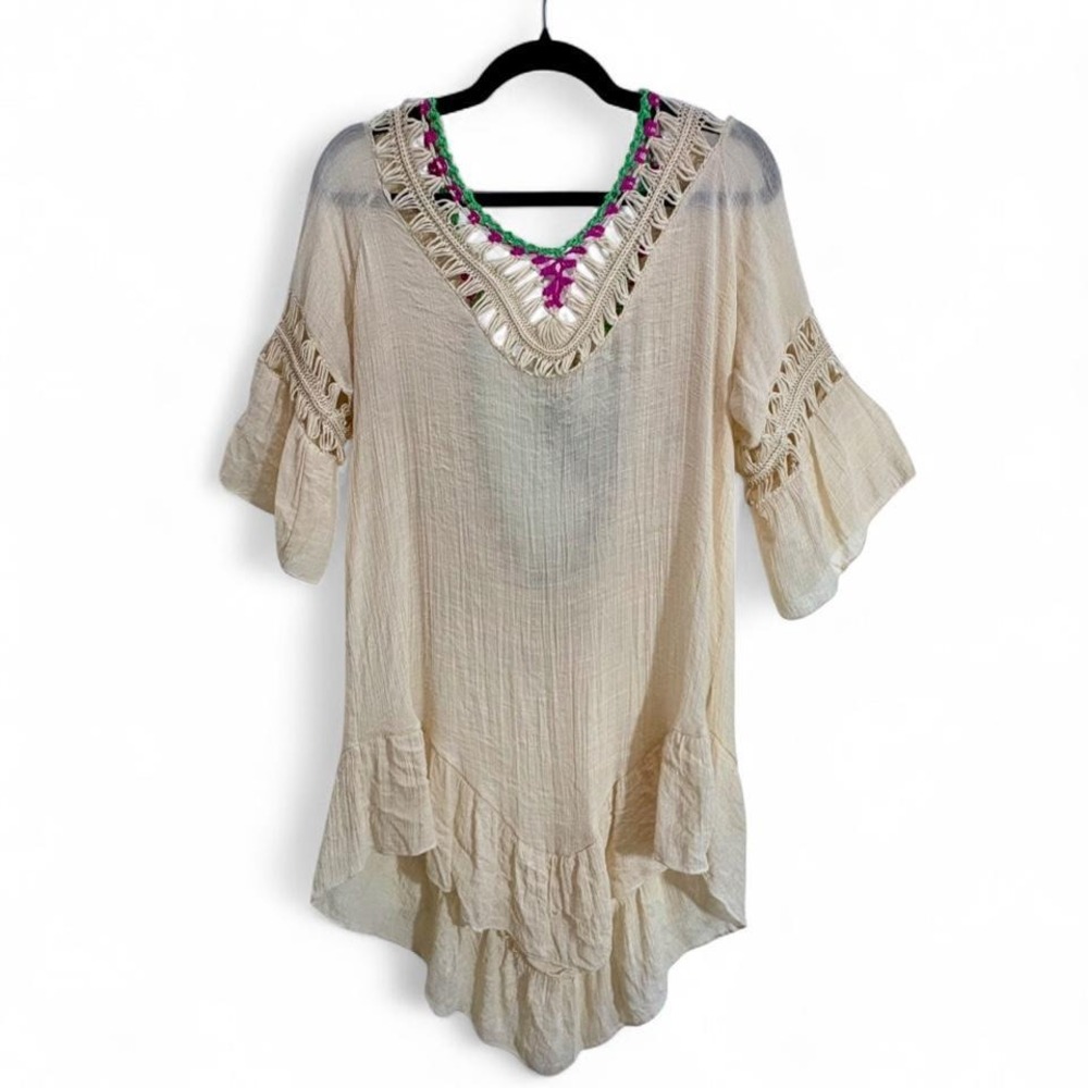 Cream boho tunic beach coverup with colorful tassels low open back with tie L